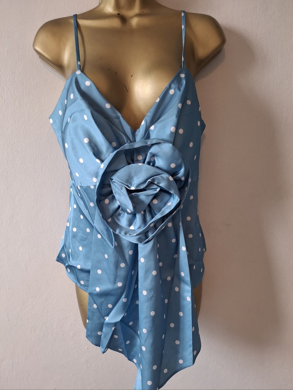 Pastels Clothing Sky Blue Polka Dot Rose-Front Camisole